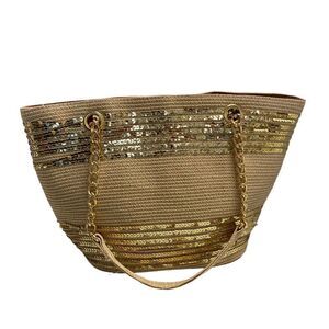 NEW DIRECTIONS STRAW SEQUIN CHAIN HANDBAG